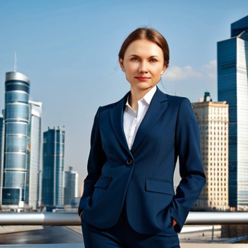 Modern Moscow Businesswoman**

"A professional businesswoman in a stylish, fully clothed business suit, standing in front of the Moscow City skyline, appropriate attire, safe for work, perfect anatomy, natural pose, professional photography, high quality, modern office buildings in the background, modest."

**